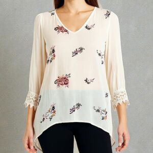 Moda Seta Italian Made Silk Blend Fairy Flowy Sheer Tunic Blouse Embroidered M